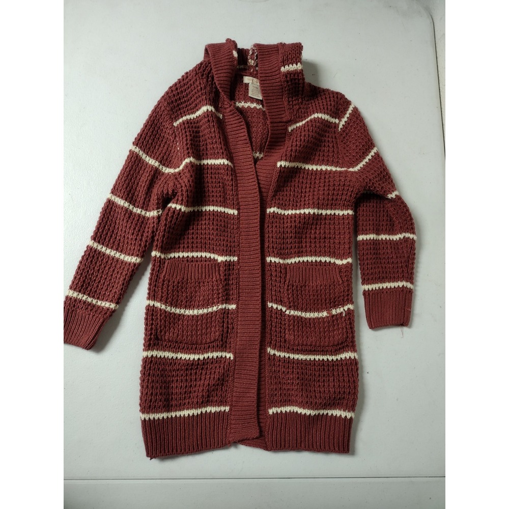 Sweet Stories Girls Rust Red Striped Waffle Knit Hooded Cardigan Sweater 10/12 M